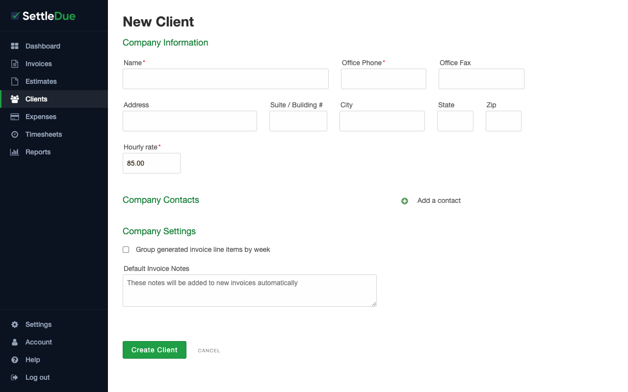 The New Client form with fields for company information, hourly rate, contacts, and settings.