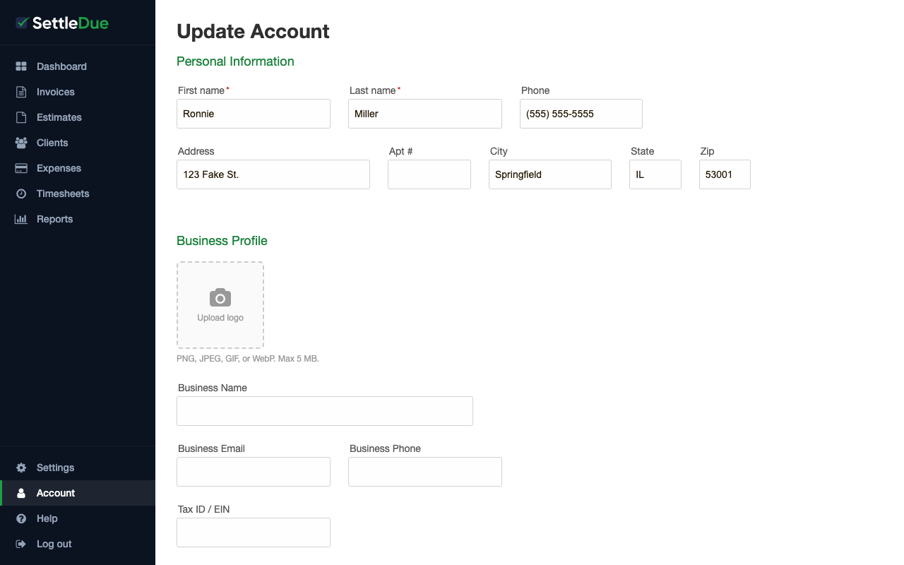 The Account page with the Business Profile section that shows fields for logo, business name, email, phone, and Tax ID.