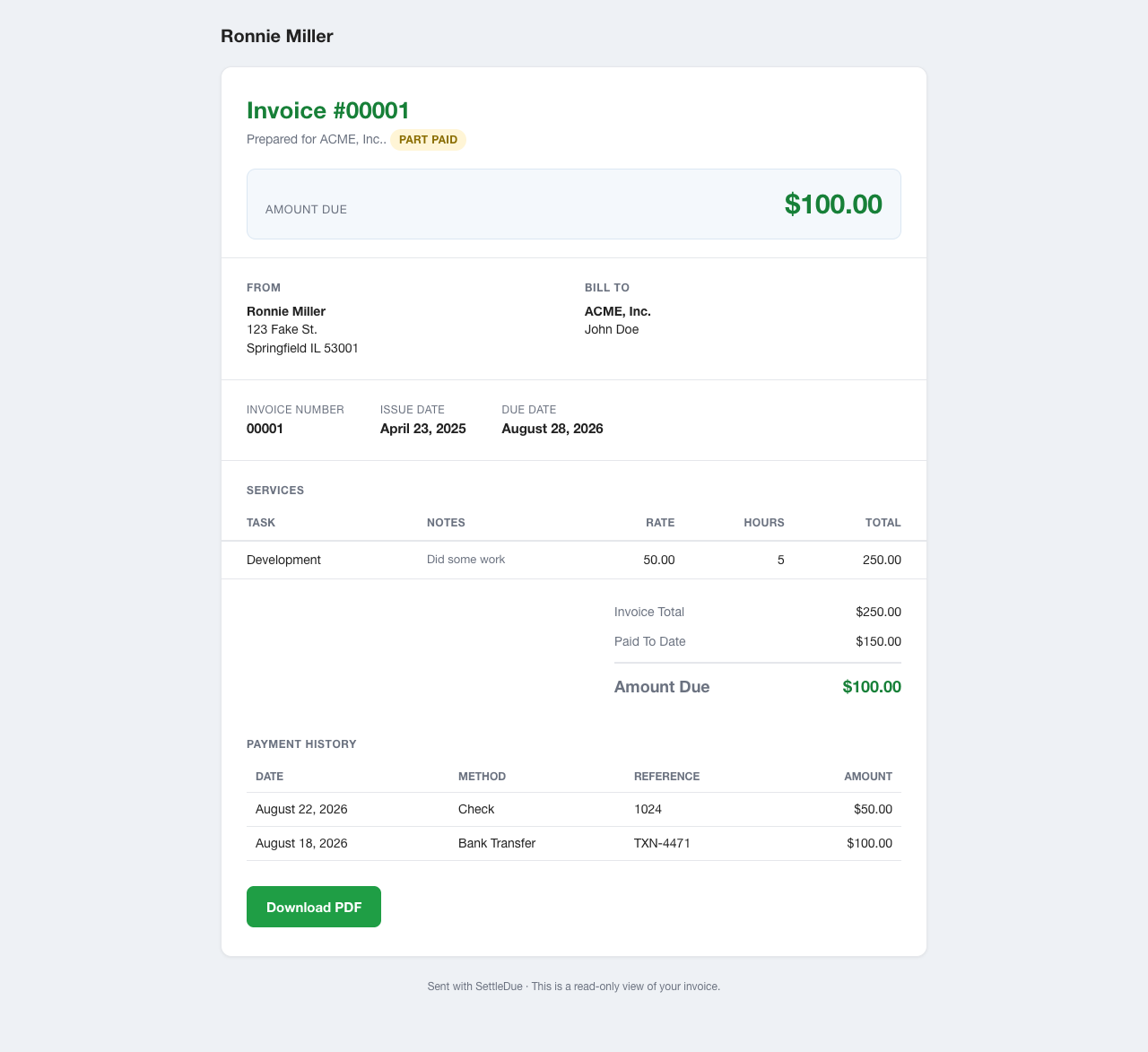 The client portal page. It shows the business name, the amount due, the from and bill-to details, a line-item table, the totals, and a Download PDF button.