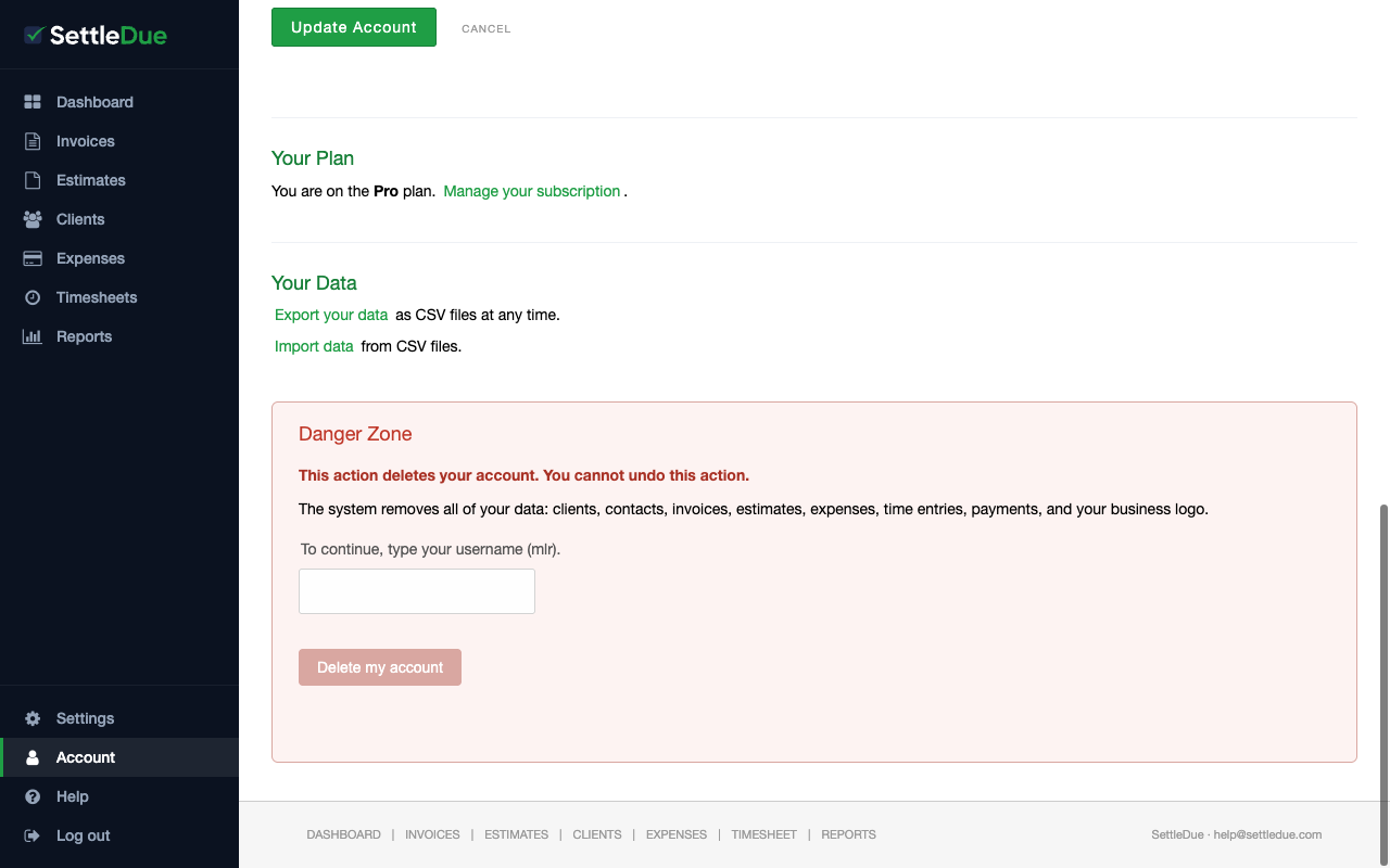 The Danger Zone section on the Account page with a text field to type your username and a Delete my account button.