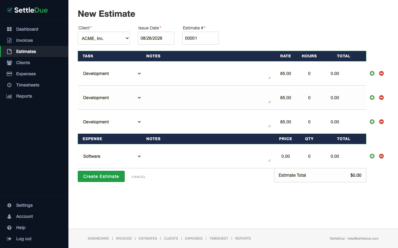 New Estimate form with fields for Client, Issue Date, and Estimate number, followed by task and expense line items.