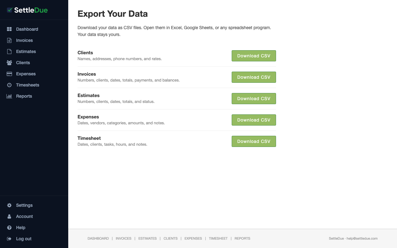 The Export Your Data page. Five sections are listed: Clients, Invoices, Estimates, Expenses, and Timesheet. Each section has a short description and a Download CSV link.