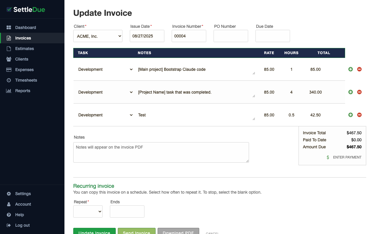 Invoice edit form showing client, dates, a line item for Development, and invoice total summary