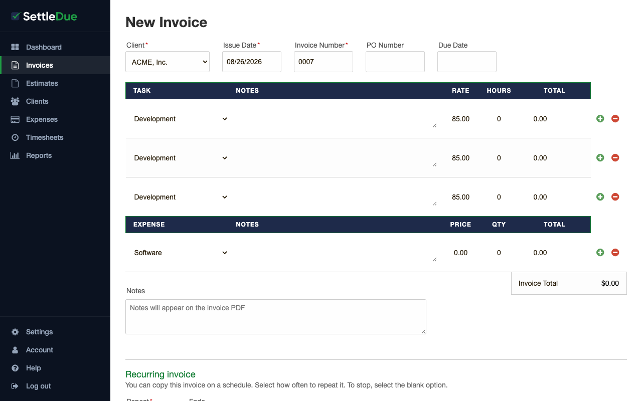 New Invoice form with client, date, invoice number fields and task and expense line item tables