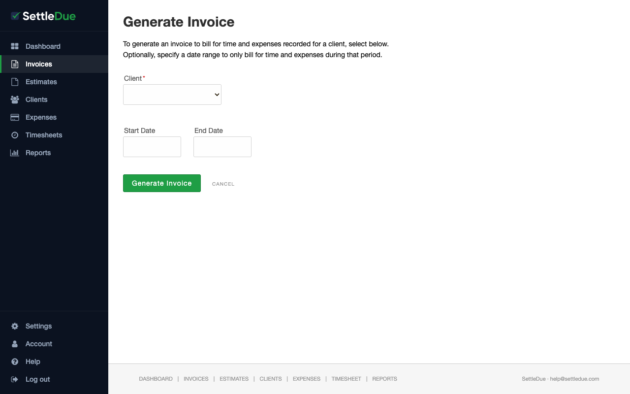 Generate Invoice form with client dropdown, start date, end date, and Generate Invoice button