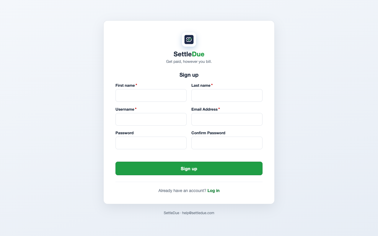 The SettleDue sign-up form with fields for first name, last name, username, email address, password, and confirm password.