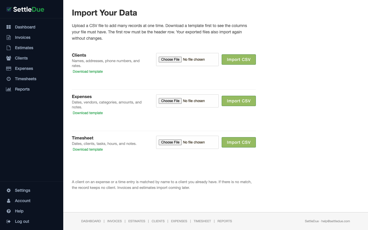 The Import Your Data page. Three sections are shown: Clients, Expenses, and Timesheet. Each section has a description, a Download template link, a Choose File button, and an Import CSV button.