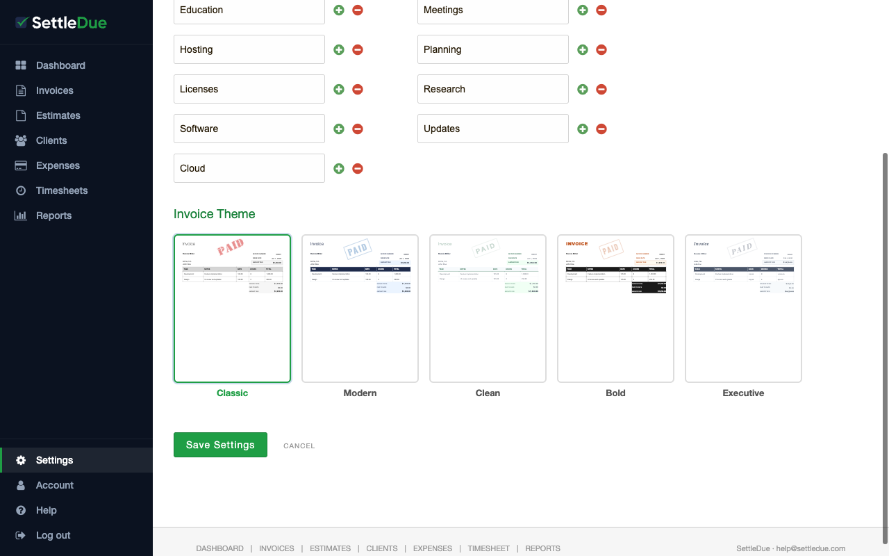 The Settings page with the Invoice Theme section. Five theme preview cards are shown: Classic, Modern, Clean, Bold, and Executive. Classic is selected.