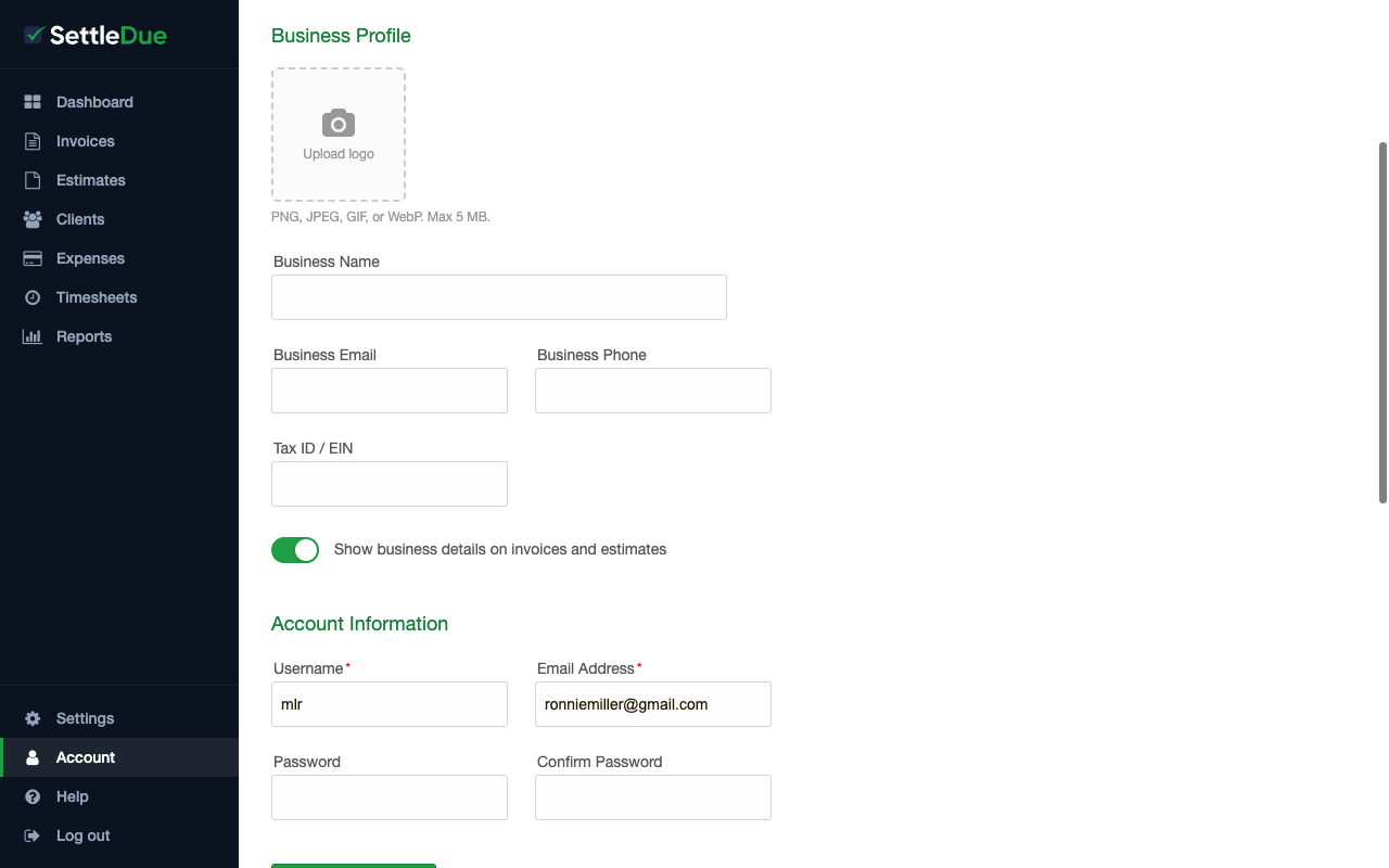 The Account page with the Business Profile section. The Upload logo button, business name, and business email fields are visible.