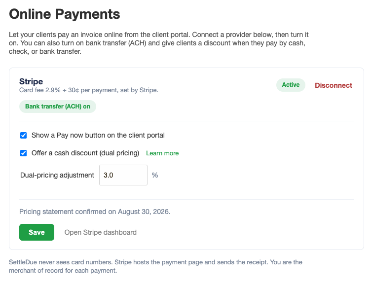 The Payments settings with bank transfer on. The cash discount toggle is on and the Dual-pricing adjustment is set to 3 percent.