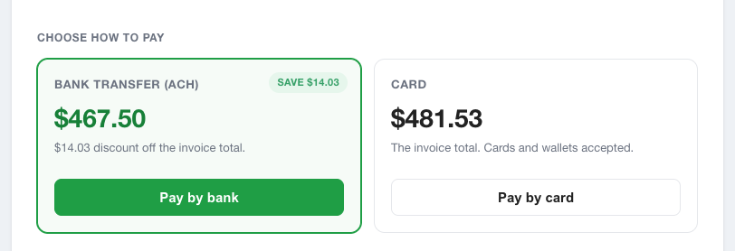 The client portal payment options. A Bank transfer card shows the lower price with a Save badge, next to a Card card that shows the higher card price.