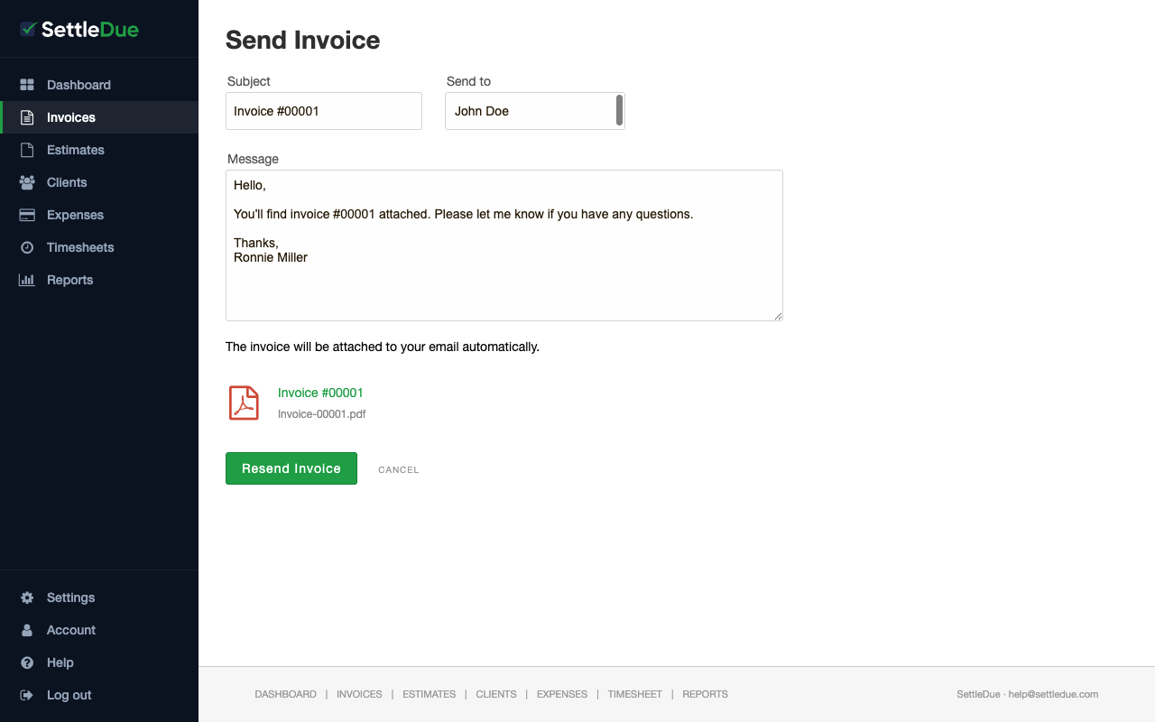 The Send Invoice compose page with a subject field, recipient list, message body, and the attached invoice PDF.