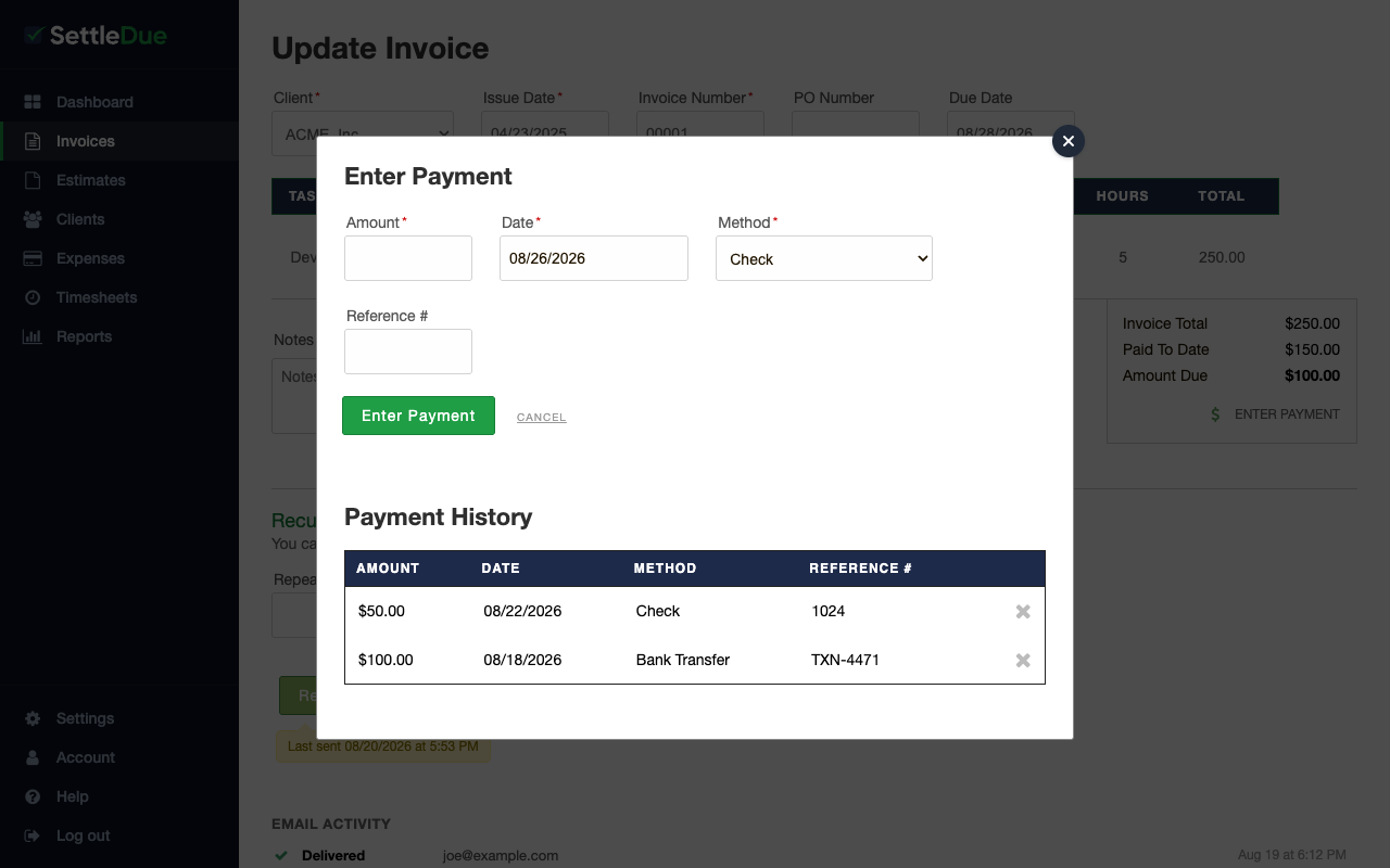 Enter Payment modal with fields for amount, date, method, and reference number, plus a Payment History section below.