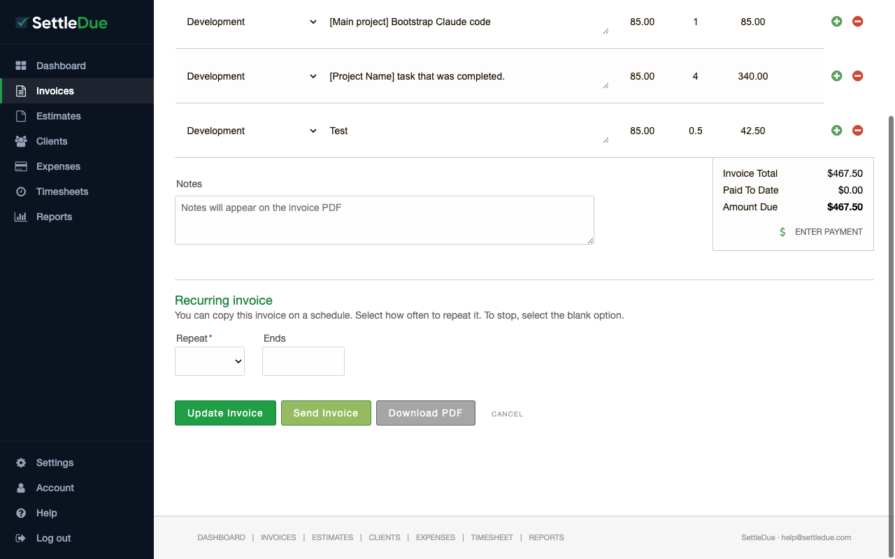 The invoice edit page with the Recurring invoice section visible. The Repeat dropdown shows options for Weekly, Every 2 weeks, and Monthly. An Ends date field sits next to it.