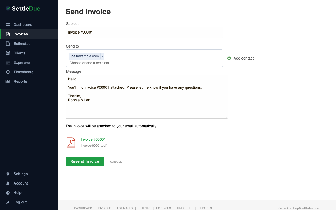 Send Invoice page with Subject, Send to, and Message fields, and a PDF attachment preview.