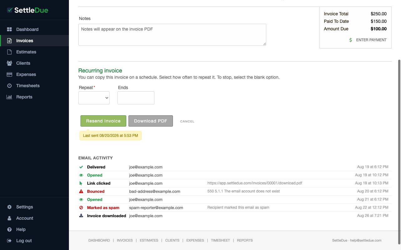 The invoice edit page showing the Resend Invoice link, Download PDF link, and the Email Activity section with delivery and open events.