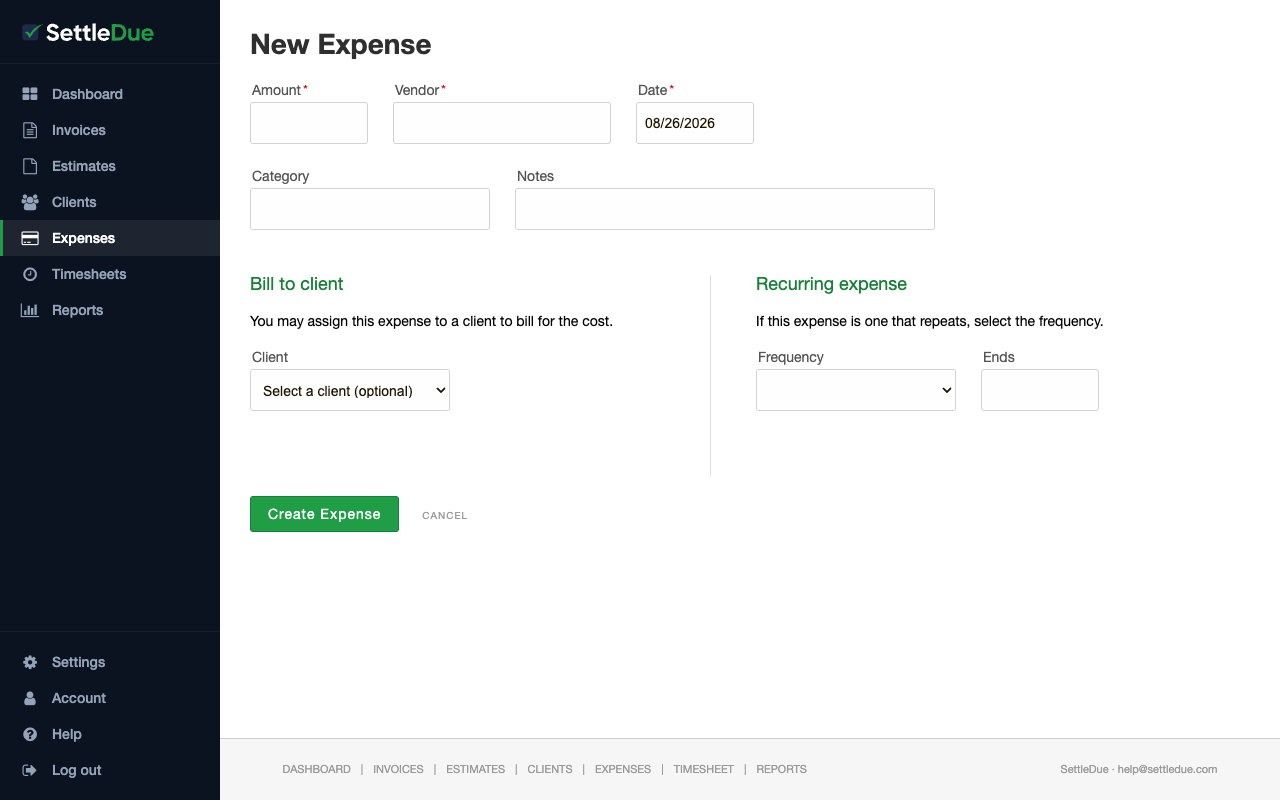 New Expense form with fields for Amount, Vendor, Date, Category, Notes, a Bill to client section, and a Recurring expense section.