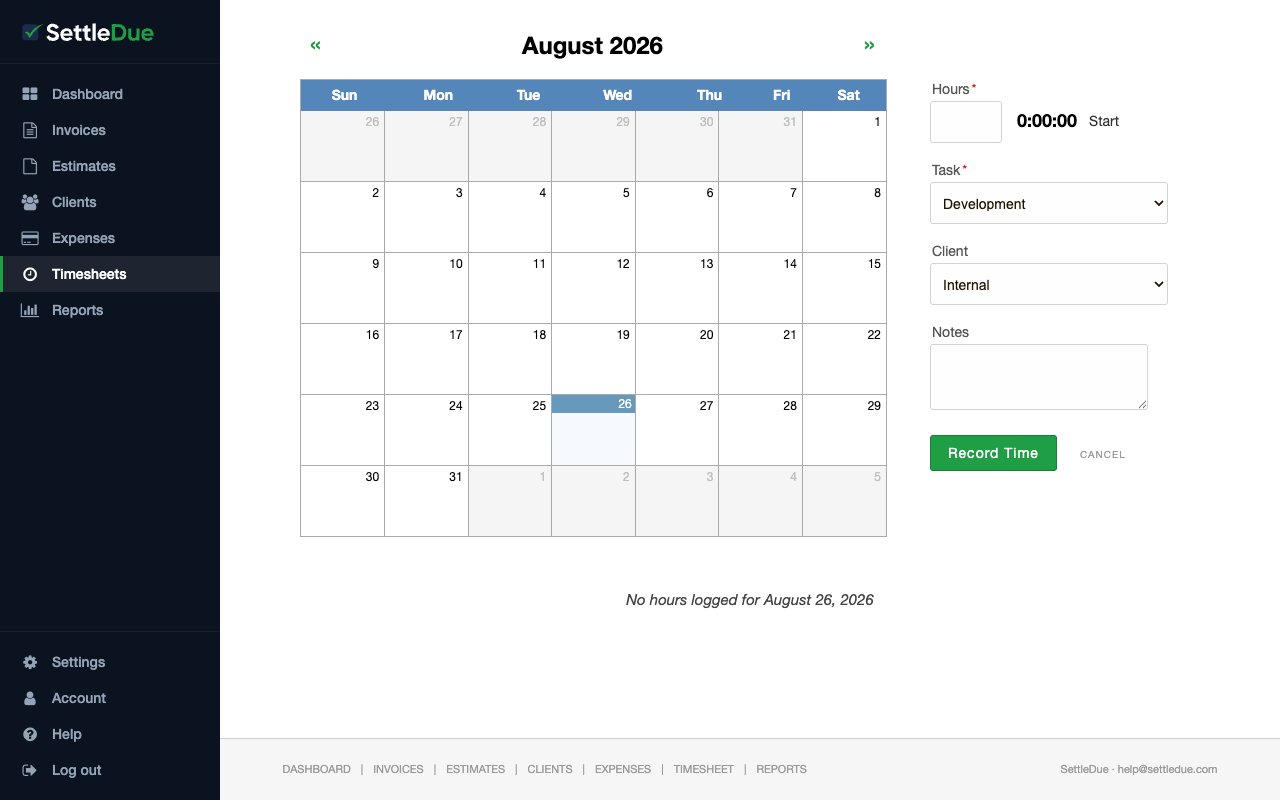 The SettleDue timesheet page with a monthly calendar on the left and the time entry form on the right. The form shows fields for Hours, Task, Client, and Notes, with a Record Time button.